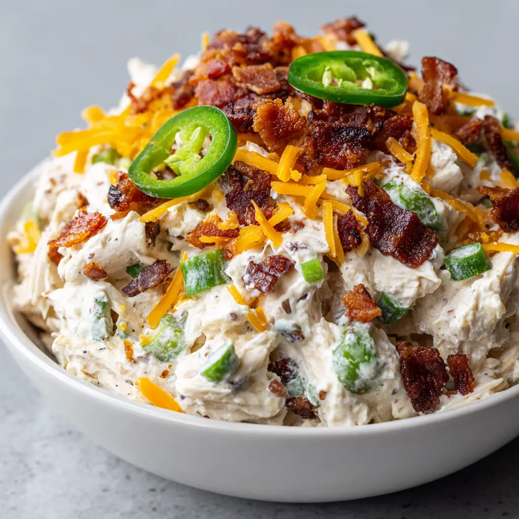 Creamy mixture of shredded cooked chicken breast bound in a rich white cream cheese sauce with bright green diced fresh jalapenos and orange cheddar cheese.