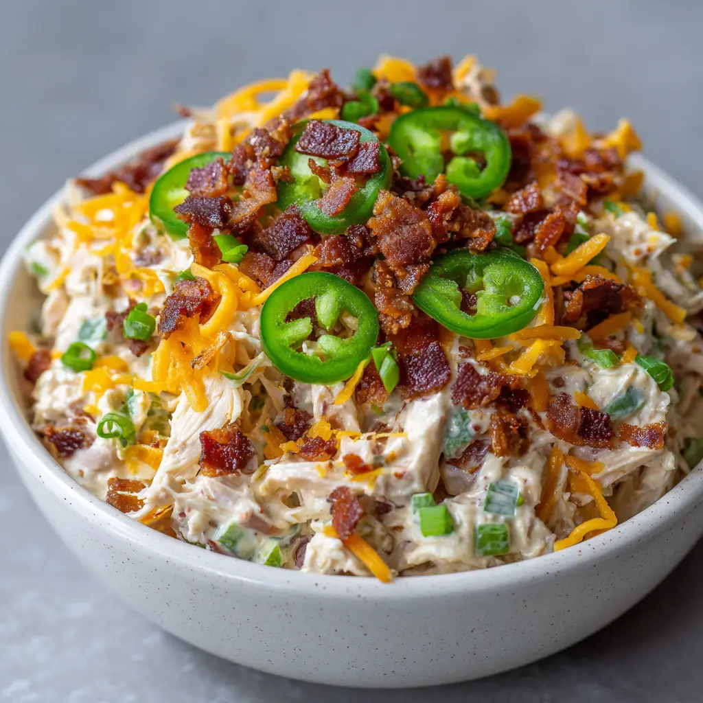 Top view of jalapeno popper chicken salad generously garnished with crispy bacon bits, sharp cheddar shreds, and thin slices of raw green jalapeno.