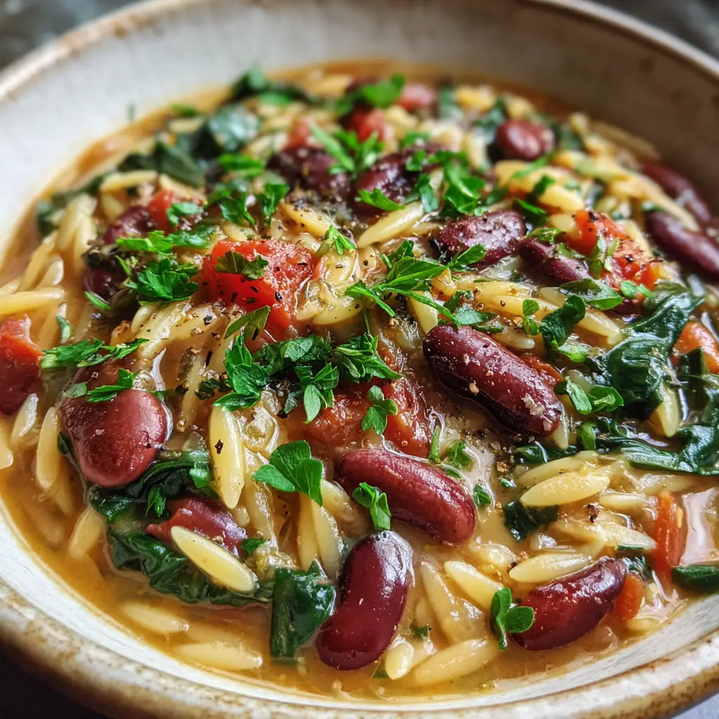 A rustic ceramic bowl filled with creamy Mediterranean orzo and bean stew with a savory tomato-tinted broth.