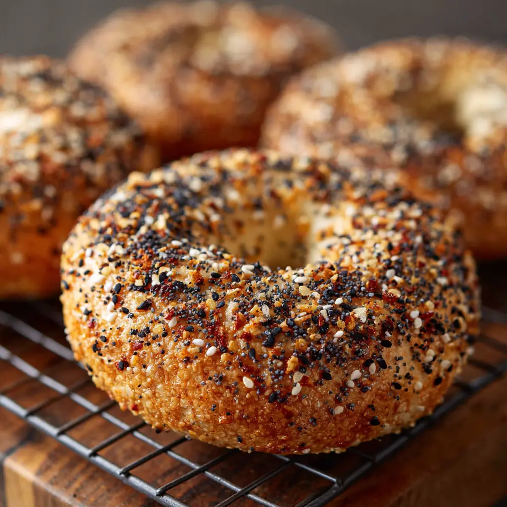 A close up shot of a plump, golden-brown everything bagel with a distinctly chewy, slightly blistered crust on a wooden counter.