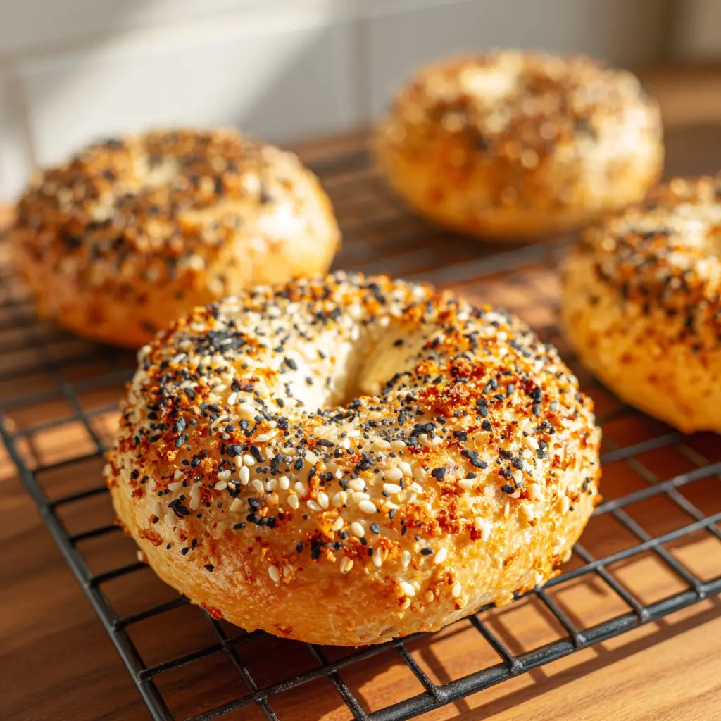 Close up detail of everything bagel seasoning featuring white and black sesame seeds, poppy seeds, dried onion, and coarse sea salt.