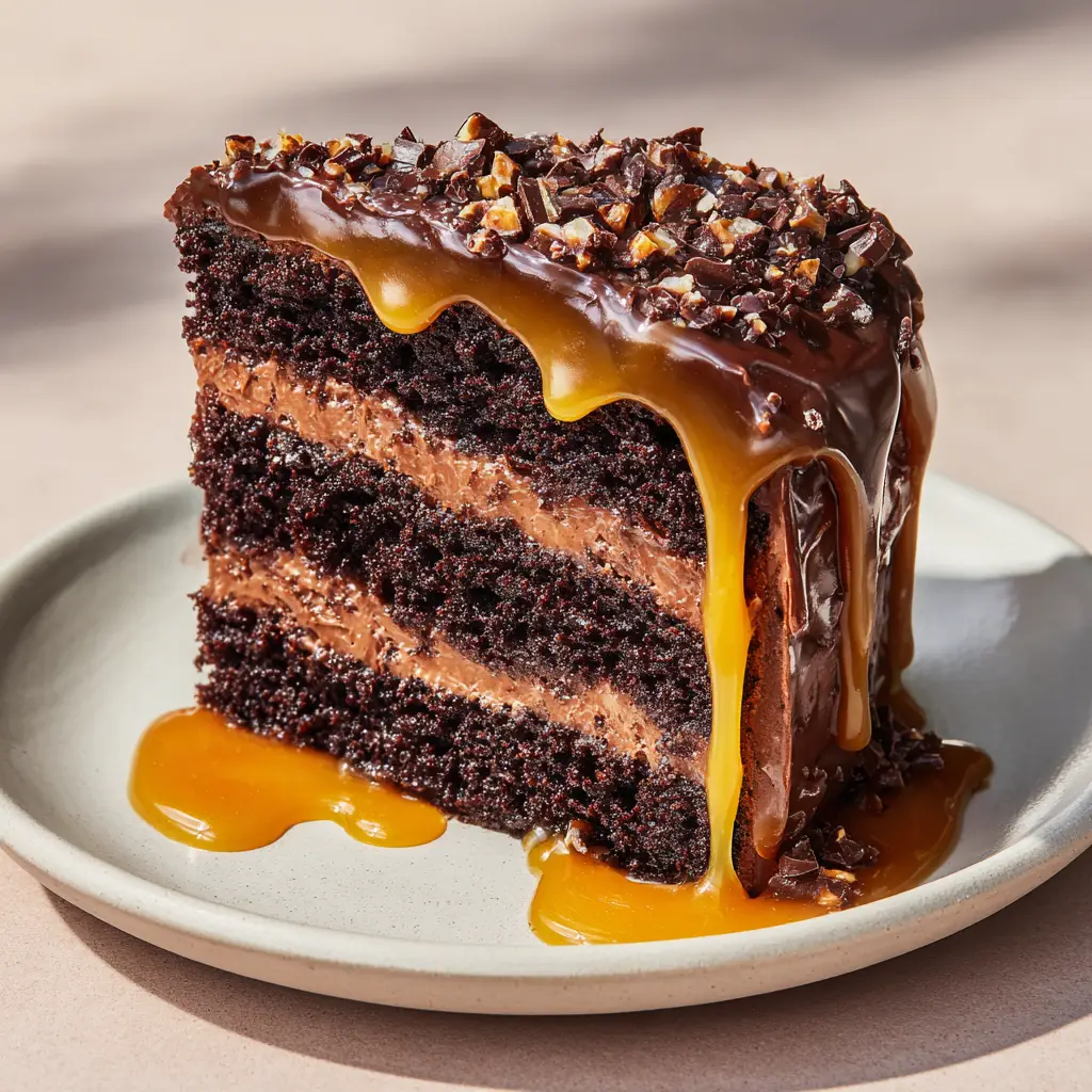 A stunning visual of the Chocolate Caramel Toffee Crunch Cake showing the glossy golden caramel pooling slightly on a matte off-white ceramic dessert plate.