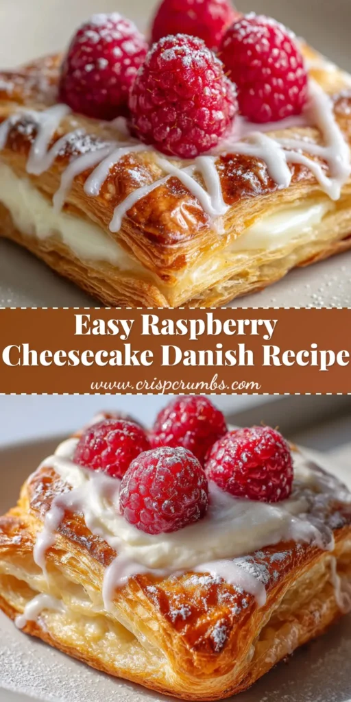 A beautiful Raspberry Cheesecake Danish on a white ceramic plate, featuring flaky golden-brown puff pastry folded into a diamond shape, a thick baked cream cheese filling, three fresh raspberries, vanilla glaze, and powdered sugar.