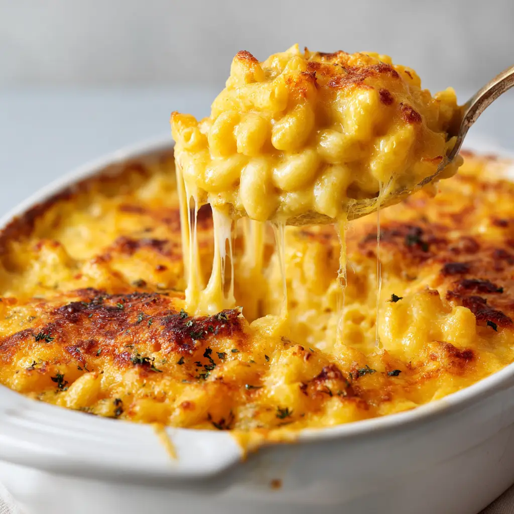 Baked golden-brown cheese crust with slightly charred bubbly patches of cheddar and parmesan on top of creamy macaroni.