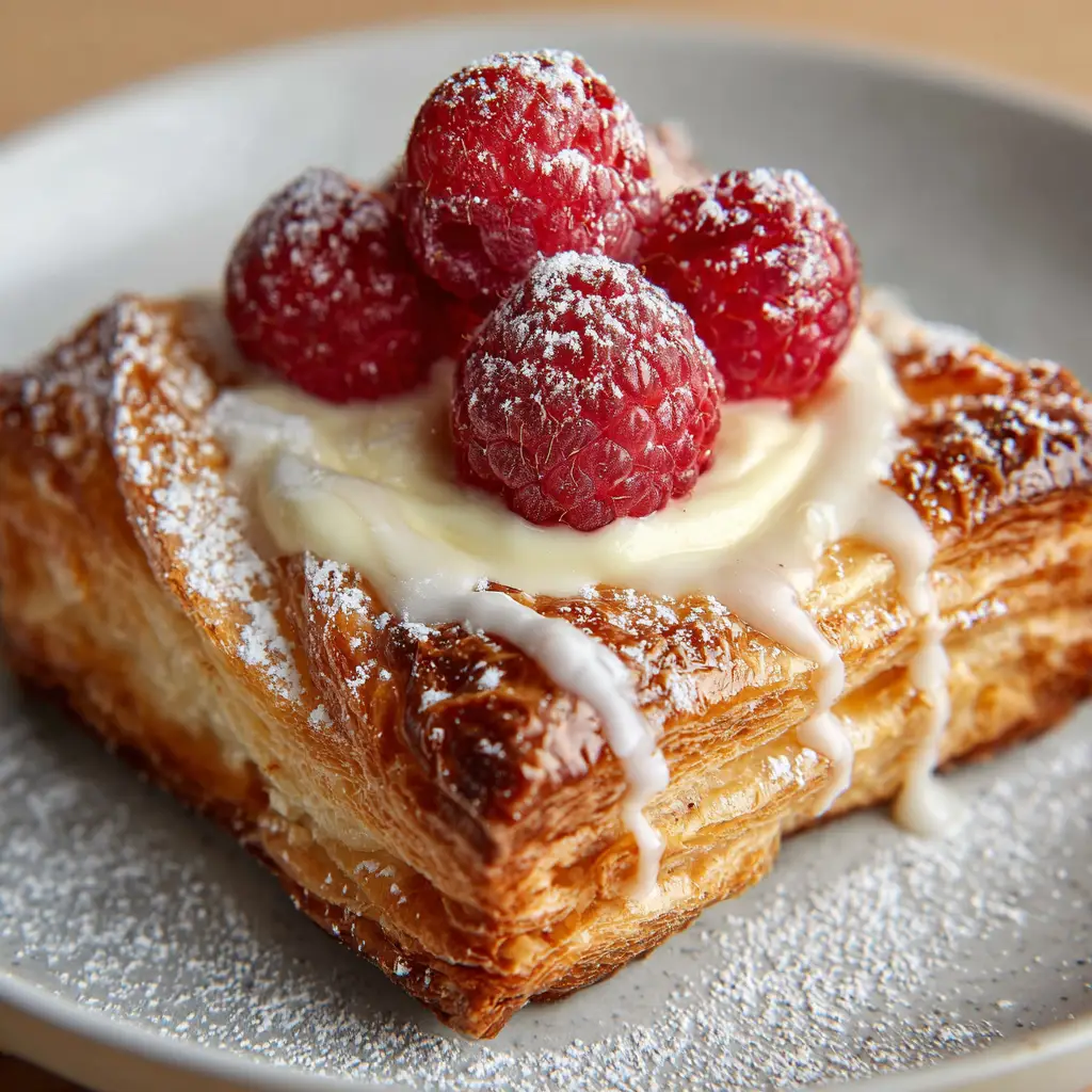 Handheld photo showing three fresh glossy raspberries resting on a baked cream cheese danish with a thin white vanilla icing drizzle.