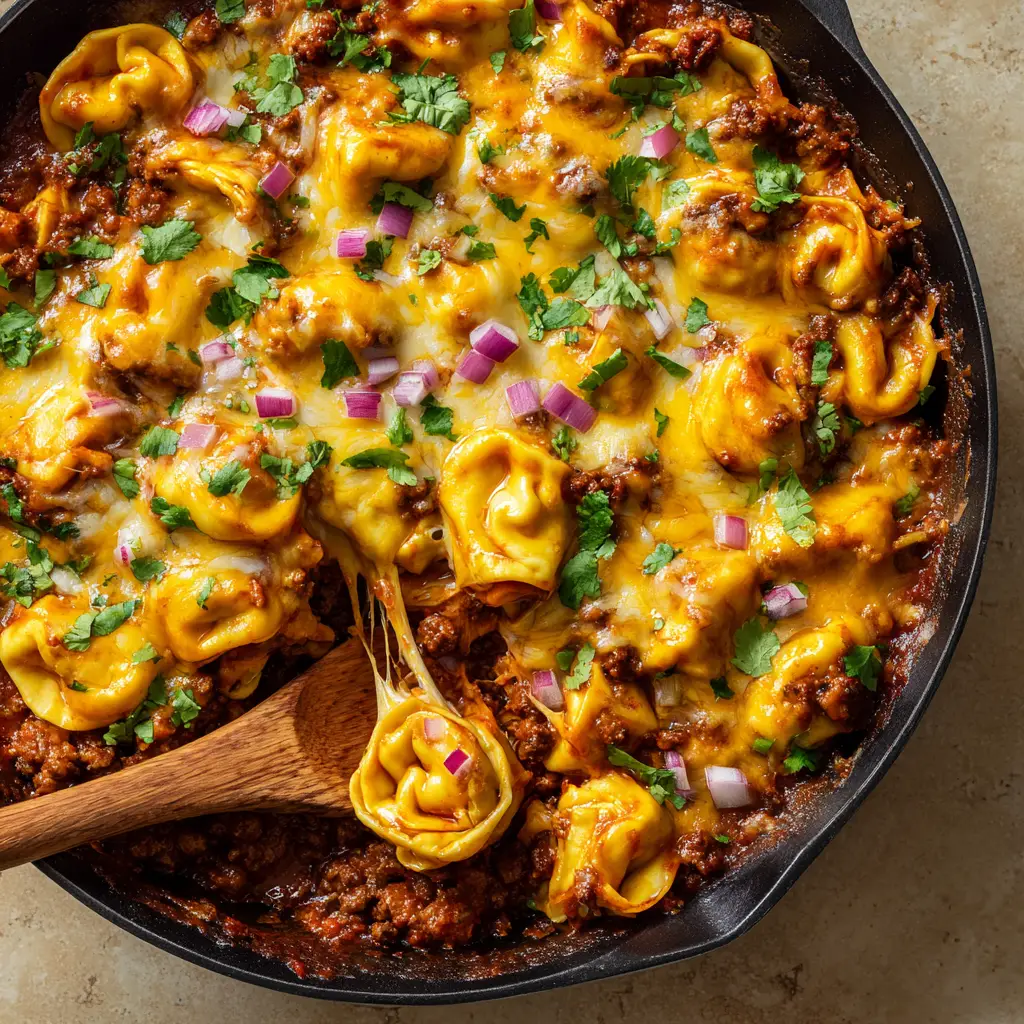 Top-down view of a large black cast iron skillet filled with plump cheese tortellini, browned ground beef, and thick red enchilada sauce beneath a blistered blanket of melted cheddar and Monterey Jack cheese.