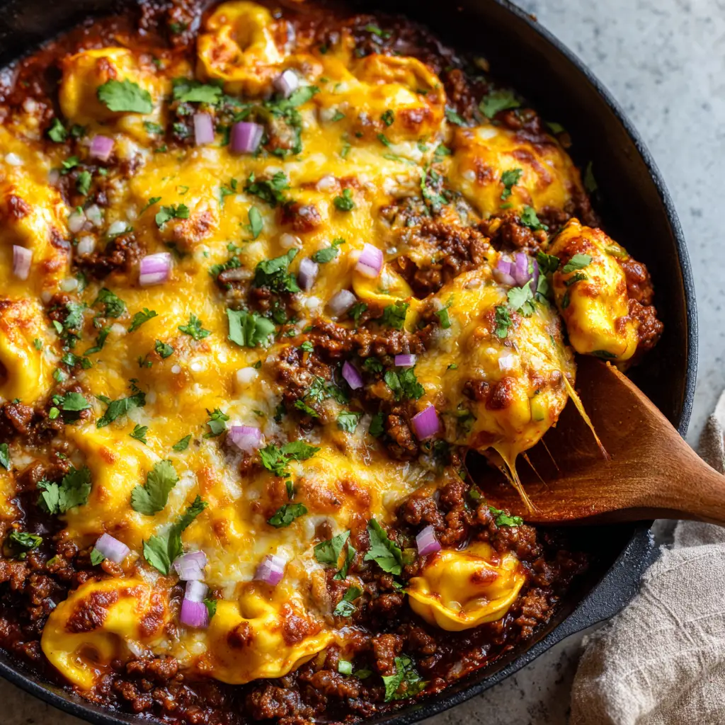Scattered finely chopped green cilantro and small diced red onions on top of golden-brown broiled cheese in a skillet of beef enchilada tortellini.