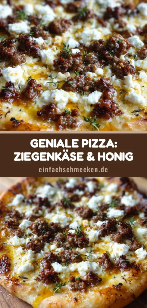 Draufsicht auf eine frische Pizza mit Ziegenkäse und Honig, garniert mit Thymian und Salsiccia auf einem Holztisch.