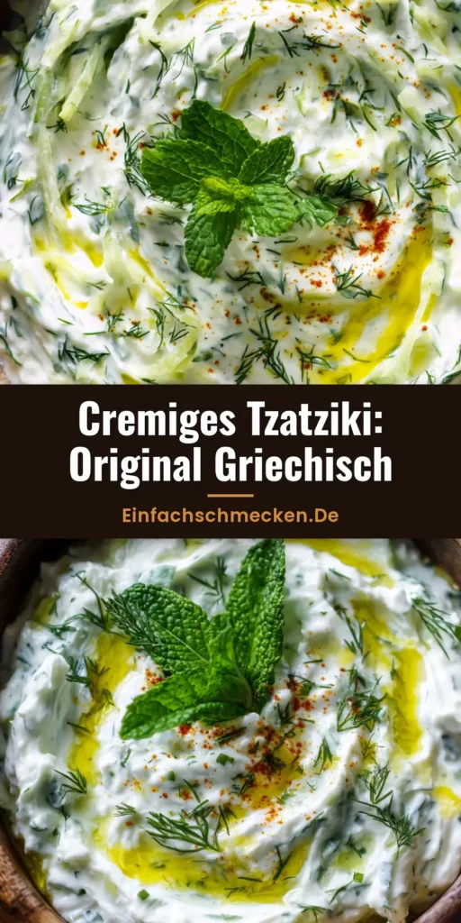 Ein köstliches Tzatziki Rezept in einer rustikalen Holzschale mit Olivenöl-Swirls und frischem Dill.