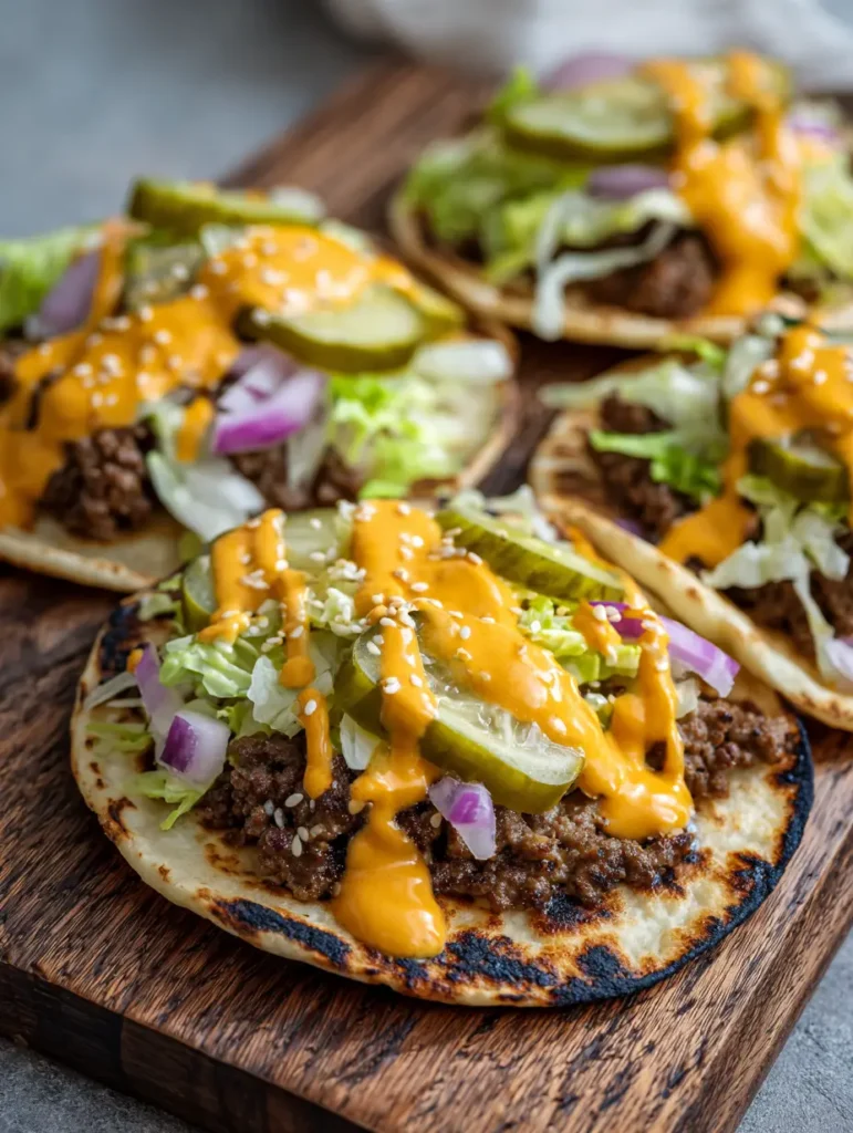 Smash Burger Tacos serviert auf einem rustikalen Brett, garniert mit roten Zwiebeln und Gurken.