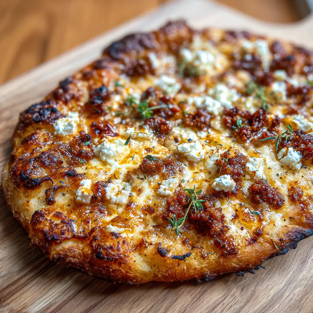 Nahaufnahme einer Pizza mit Ziegenkäse und Honig, man sieht die glänzende Honig-Glasur und frischen Thymian.