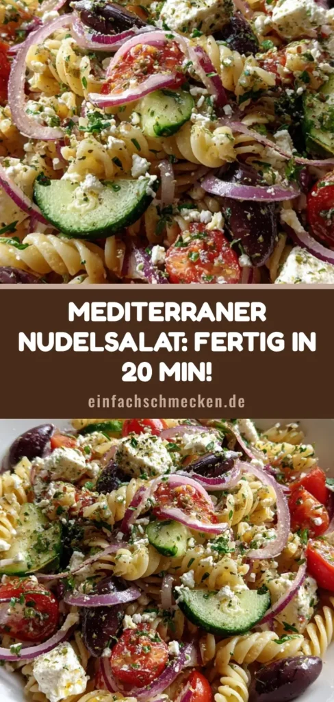Draufsicht auf einen mediterranen Nudelsalat mit Fusilli, Tomaten, Gurken und Feta in einer weißen Schüssel auf Holzgrund.