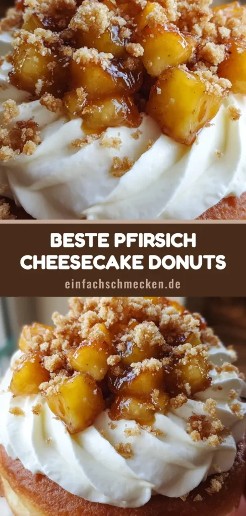 Ein köstlicher goldbraun frittierter Pfirsich Cheesecake Donut mit weißem Frosting, karamellisierten Pfirsichen und Butterstreuseln auf einem Teller.