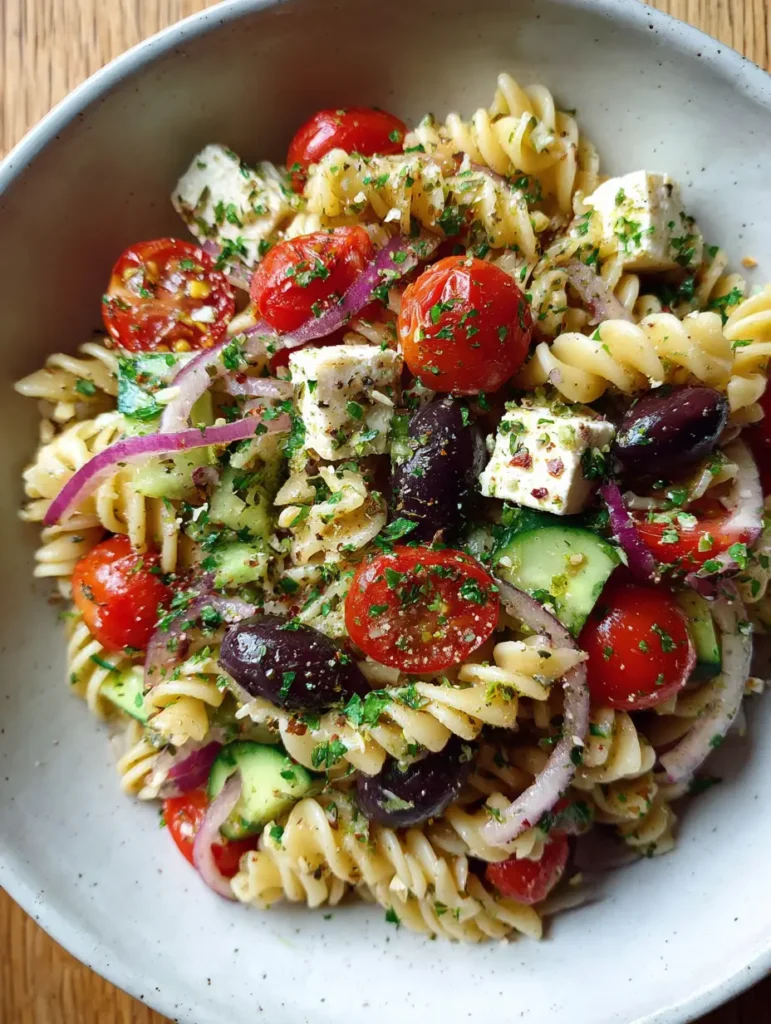 Servierfertiger Mediterraner Nudelsalat in einer Keramikschüssel mit Petersilie garniert.