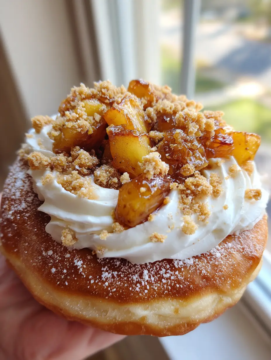 Nahaufnahme eines Pfirsich Cheesecake Donuts, der in der Hand gehalten wird, mit cremigem Frosting und Streuseln.