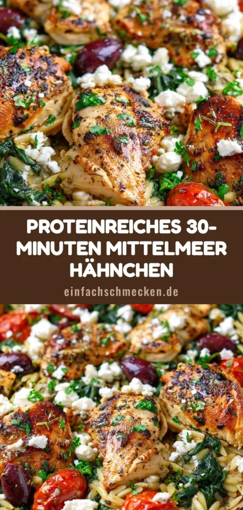 Draufsicht auf eine rustikale Pfanne mit Mediterranem Hähnchen Orzo, Kirschtomaten, Spinat und Feta.