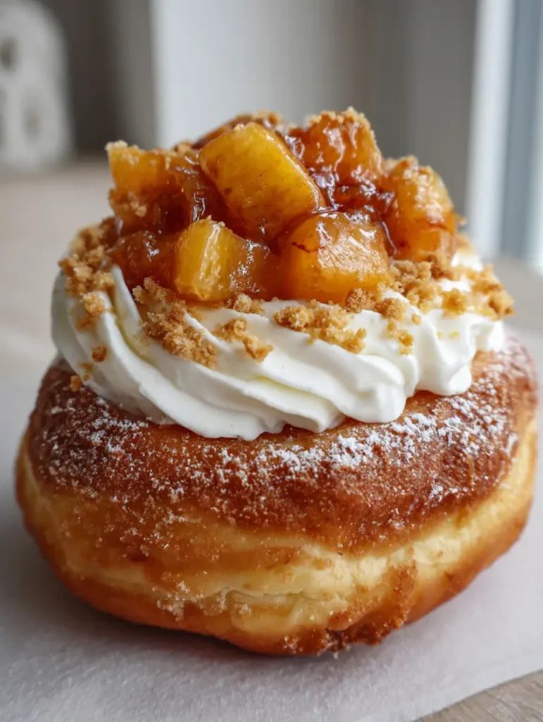 Detailansicht der karamellisierten Pfirsichstücke auf dem Pfirsich Cheesecake Donut.