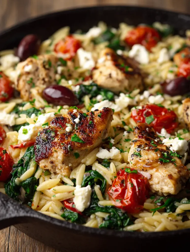 Nahaufnahme von goldbraunem Hähnchen und Orzo Pasta in einer schwarzen Pfanne.