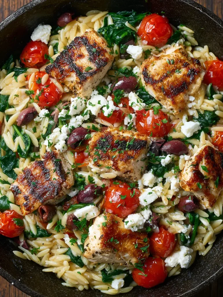 Mediterranes Hähnchen Orzo mit geschmolzenem Feta und frischen Kräutern serviert auf einem Holztisch.