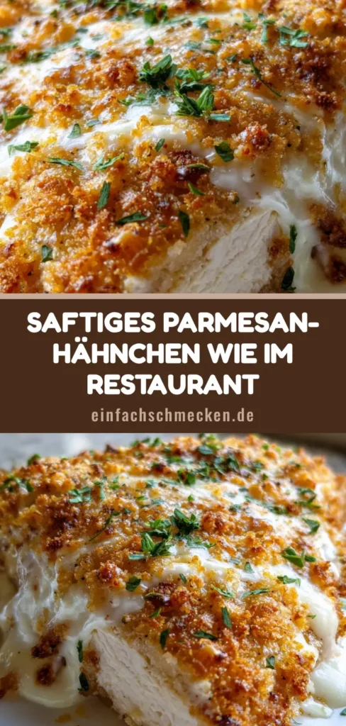 Nahaufnahme von Hähnchen mit Parmesan-Kruste auf einem weißen Teller, goldbraune Panko-Kruste mit Petersilie.