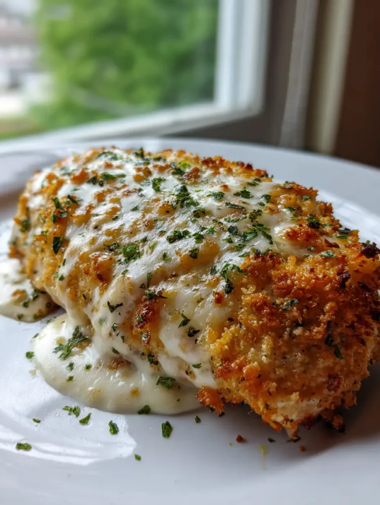 Saftige Hähnchenbrust mit einer dicken Schicht aus geschmolzenem Provolone und Knoblauch-Bröseln.
