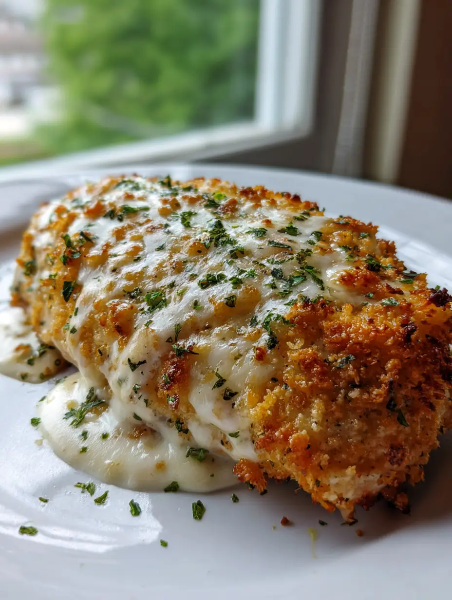 Saftige Hähnchenbrust mit einer dicken Schicht aus geschmolzenem Provolone und Knoblauch-Bröseln.
