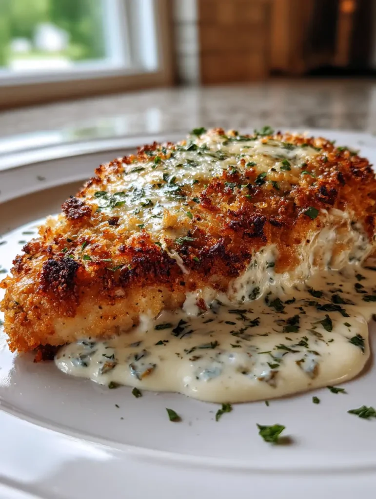 Hähnchen mit Parmesan-Kruste serviert auf einem weißen Teller in hellem Tageslicht.