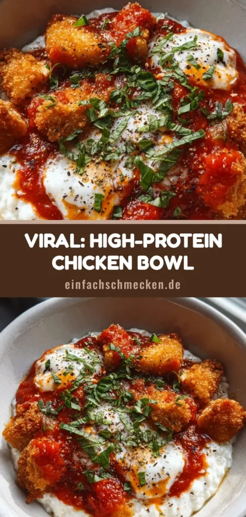 Draufsicht auf einen High-Protein Chicken Parmesan Bowl in einer weißen Schüssel mit knusprigem Hähnchen, geschmolzenem Mozzarella und frischem Basilikum auf Cottage Cheese.