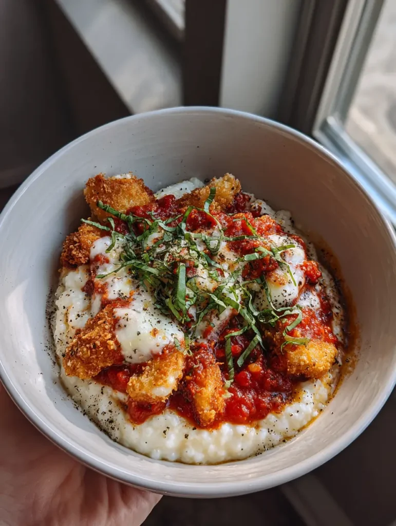 Nahaufnahme einer High-Protein Chicken Parmesan Bowl mit cremigem körnigem Frischkäse und goldbraun panierten Hähnchenstücken.