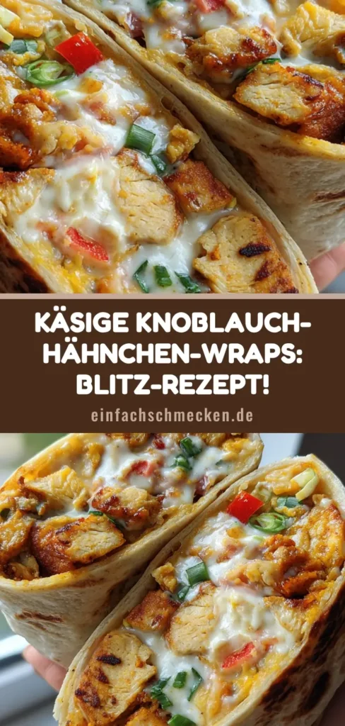 Ein aufgeschnittener Hähnchen-Wrap mit Käse, der in der Hand gehalten wird. Man sieht geschmolzenen Mozzarella, goldbraunes Hähnchen und frische Frühlingszwiebeln im Querschnitt.