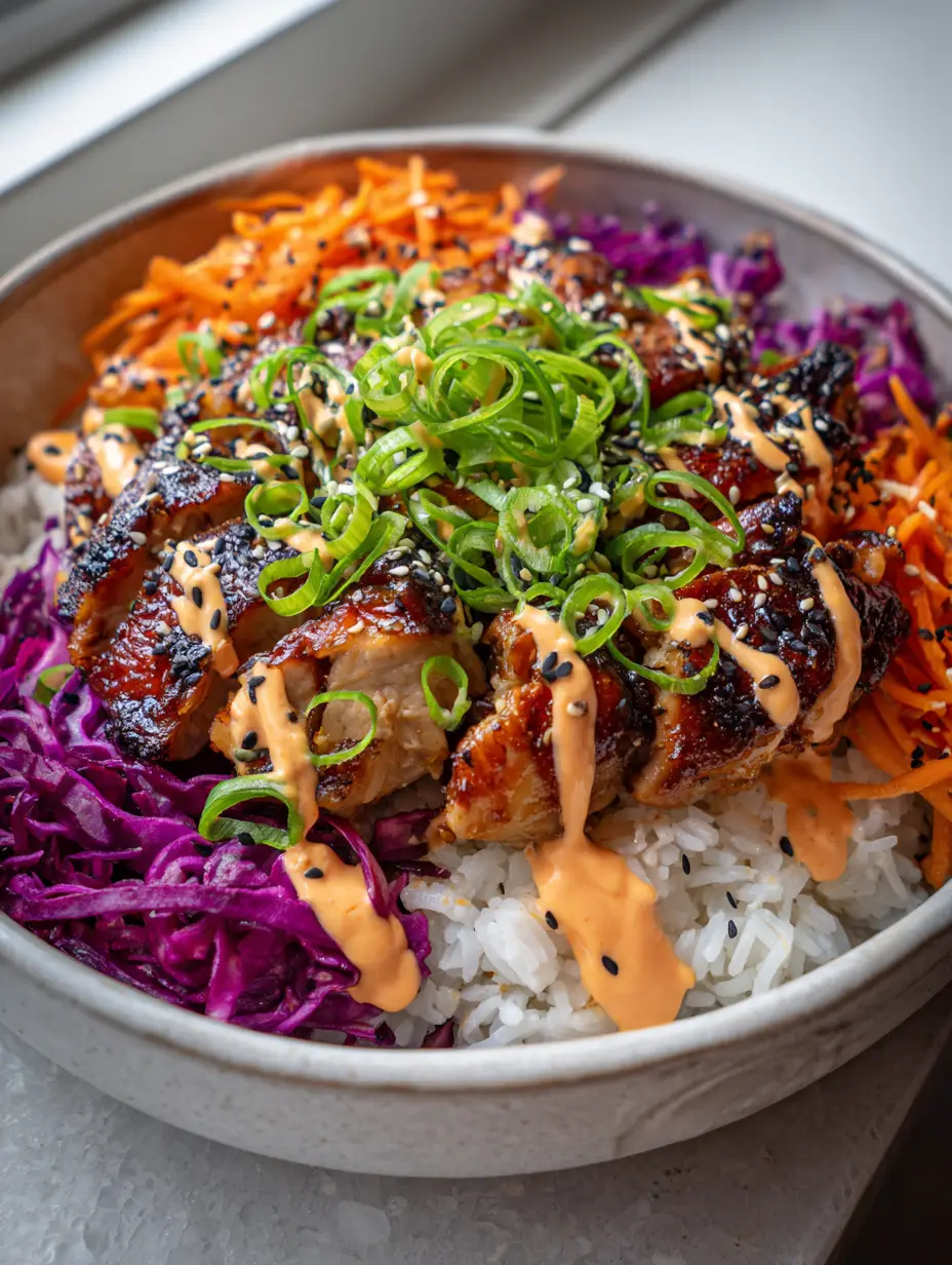 Draufsicht auf eine servierfertige Korean BBQ Chicken Bowl mit Stäbchen in einer weißen Schale.