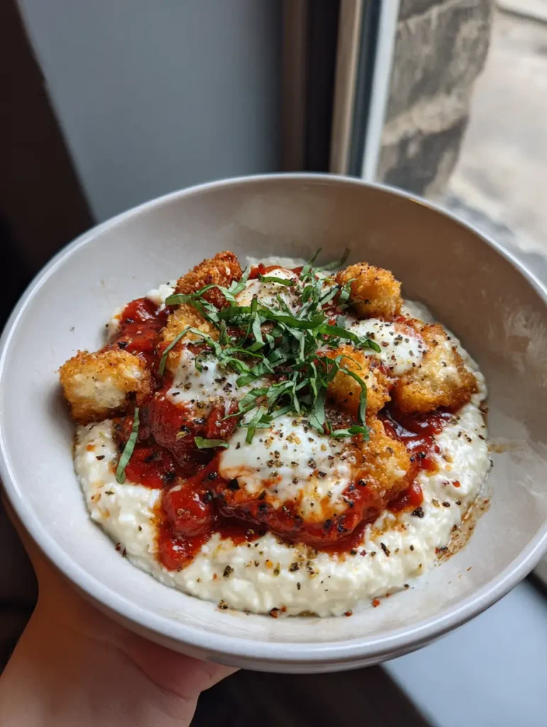 Frisch zubereitete Fitness Bowl mit geschmolzenem Käse, Tomatensauce und frischen Kräutern in einer minimalistischen Keramikschale.