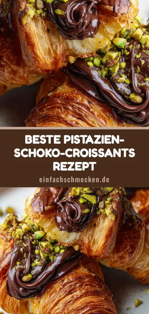 Ein goldbraunes Pistazien-Schoko-Croissant mit flüssiger Schokoladenfüllung und leuchtend grünen Pistazien auf einem Teller.