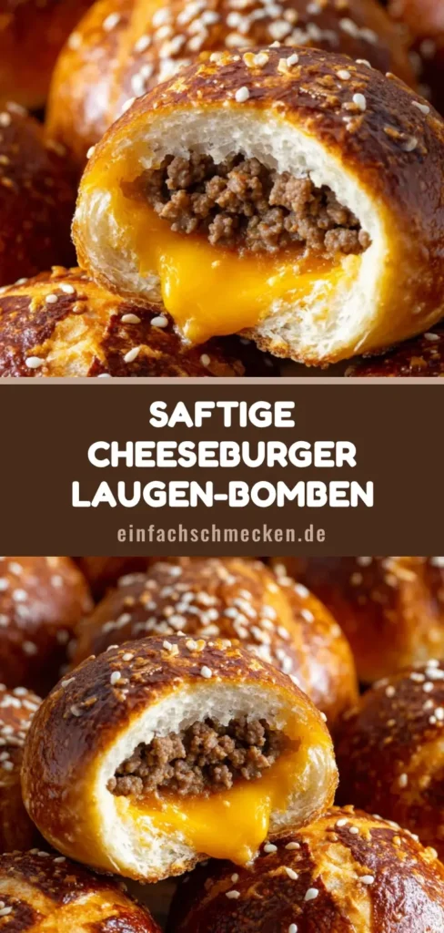 Cheeseburger Laugen-Bomben: Das ultimative Rezept für Fingerfood-Liebhaber 4 Goldbraune Cheeseburger Laugen-Bomben mit Sesam und Meersalz, eine Kugel ist aufgerissen und zeigt schmelzenden Cheddar und Hackfleisch.