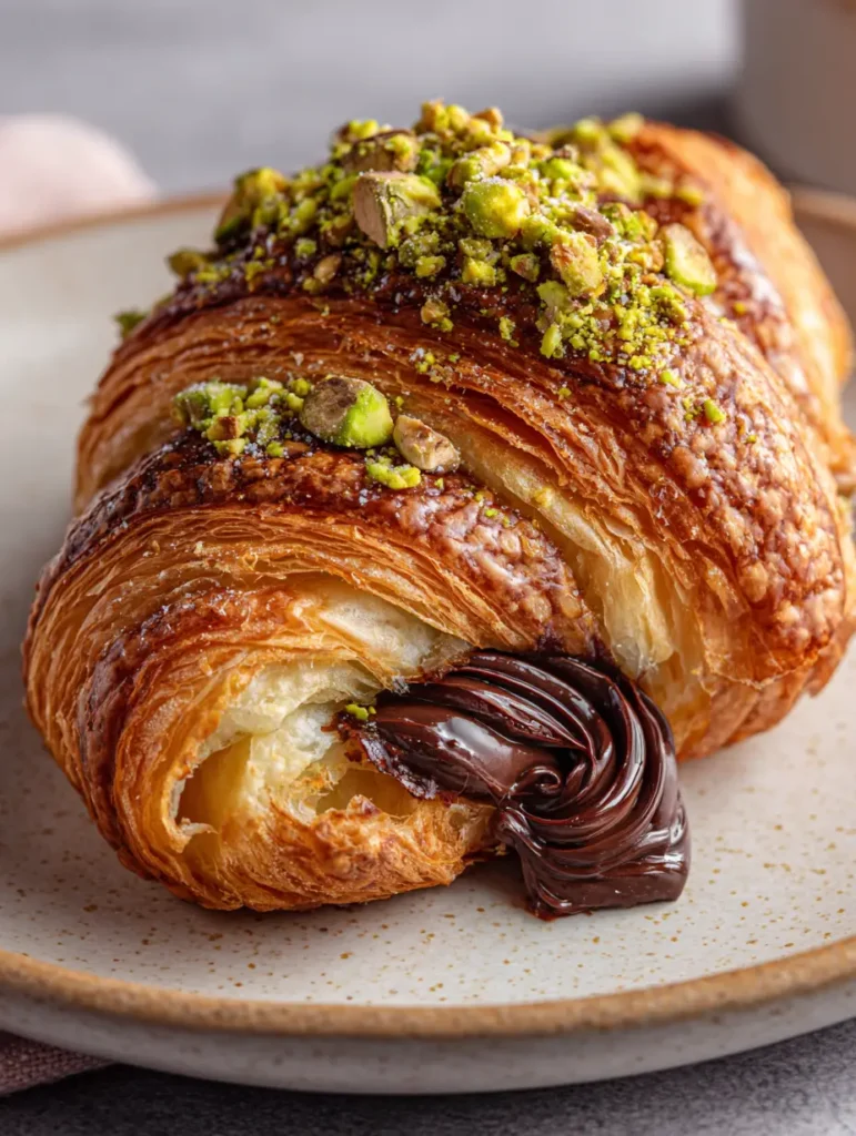 Nahaufnahme eines aufgeschnittenen Pistazien-Schoko-Croissants mit dunkler Ganache.