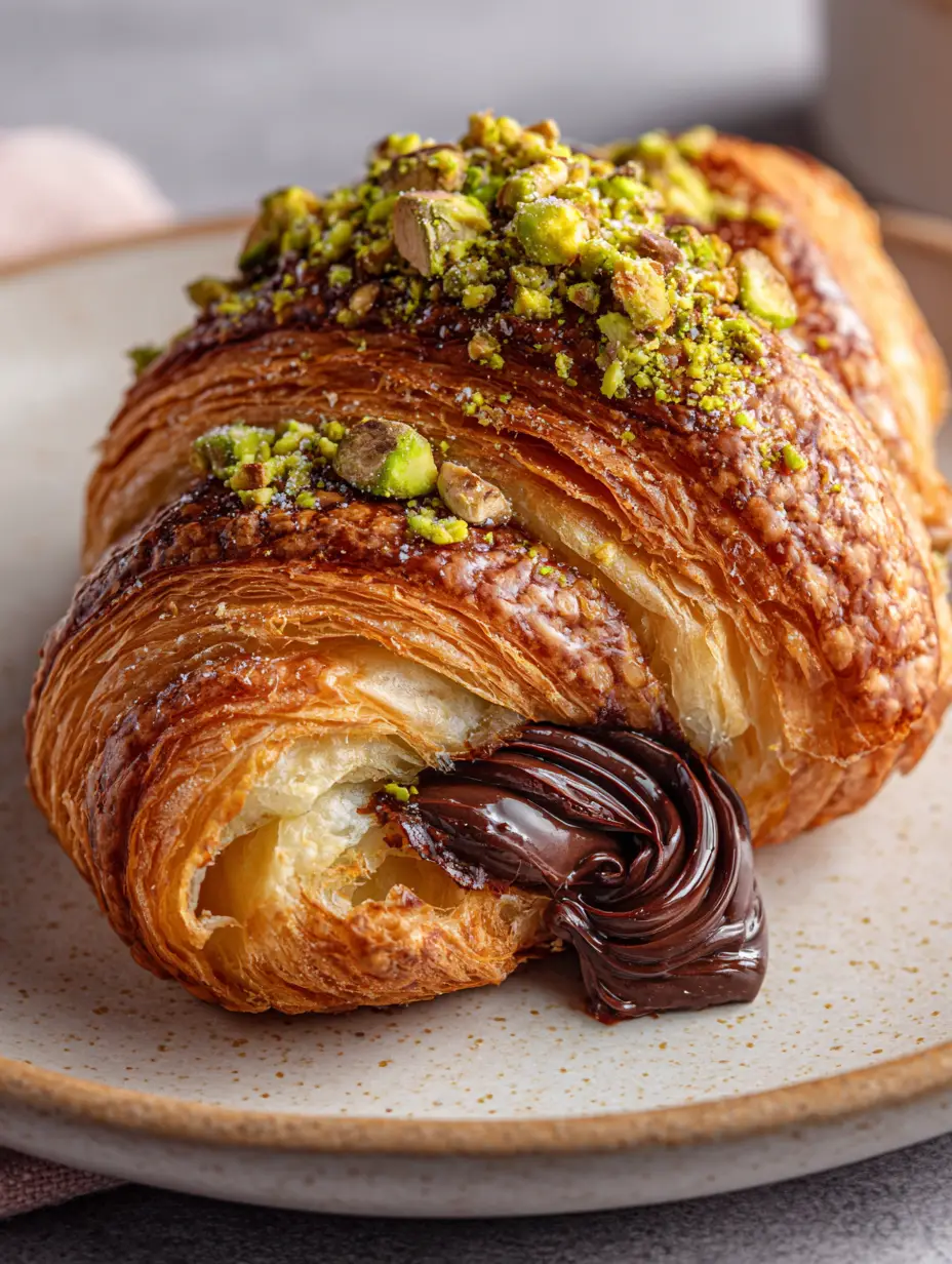 Nahaufnahme eines aufgeschnittenen Pistazien-Schoko-Croissants mit dunkler Ganache.