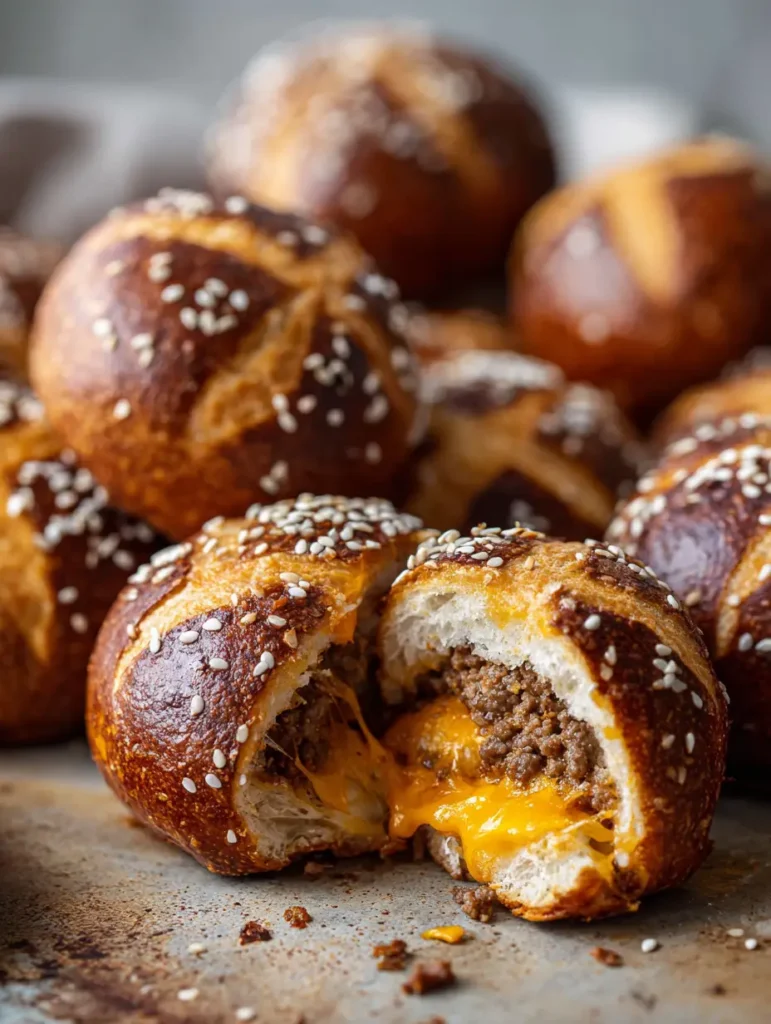 Cheeseburger Laugen-Bomben: Das ultimative Rezept für Fingerfood-Liebhaber 2 Nahaufnahme von Cheeseburger Laugen-Bomben auf einer rustikalen Unterlage, glänzende Kruste mit grobem Salz.