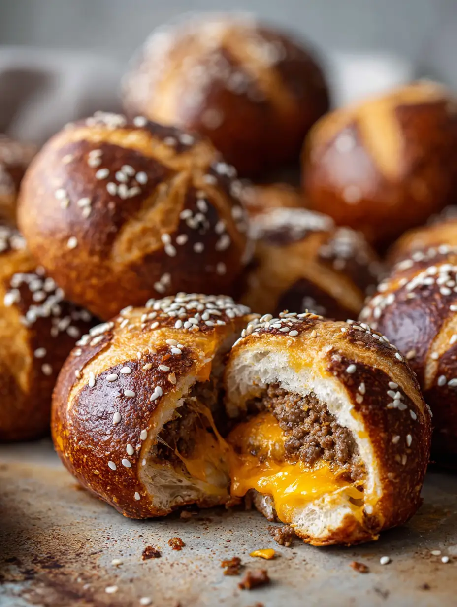 Cheeseburger Laugen-Bomben: Das ultimative Rezept für Fingerfood-Liebhaber 3 Nahaufnahme von Cheeseburger Laugen-Bomben auf einer rustikalen Unterlage, glänzende Kruste mit grobem Salz.