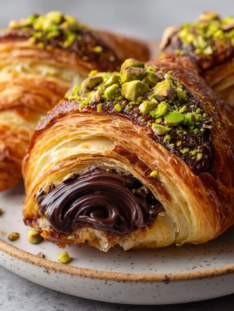 Ein fertig gebackenes Pistazien-Schoko-Croissant mit karamellisierter Kruste und Pistazien-Topping.