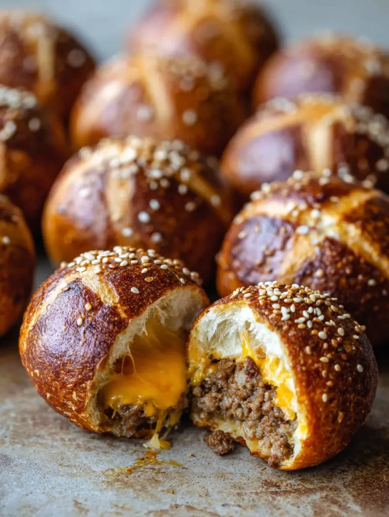 Cheeseburger Laugen-Bomben: Das ultimative Rezept für Fingerfood-Liebhaber 1 Aufgeschnittene Cheeseburger Laugen-Bombe mit dampfender Fleischfüllung und dehnbarem orangefarbenem Käse.