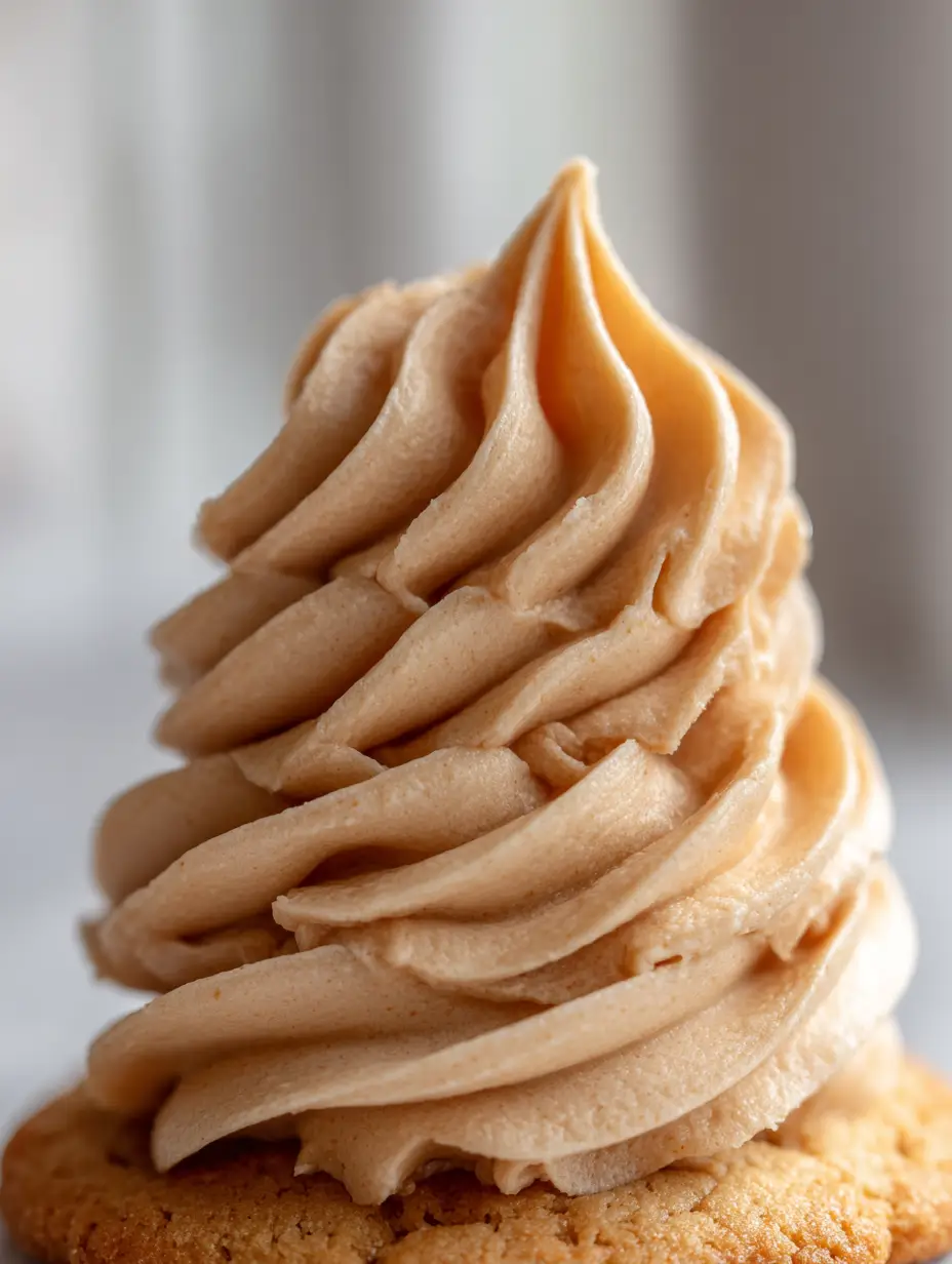 Extreme Nahaufnahme von cremigen Ahornsirup-Frosting Wirbeln auf einem goldenen Sugar Cookie.