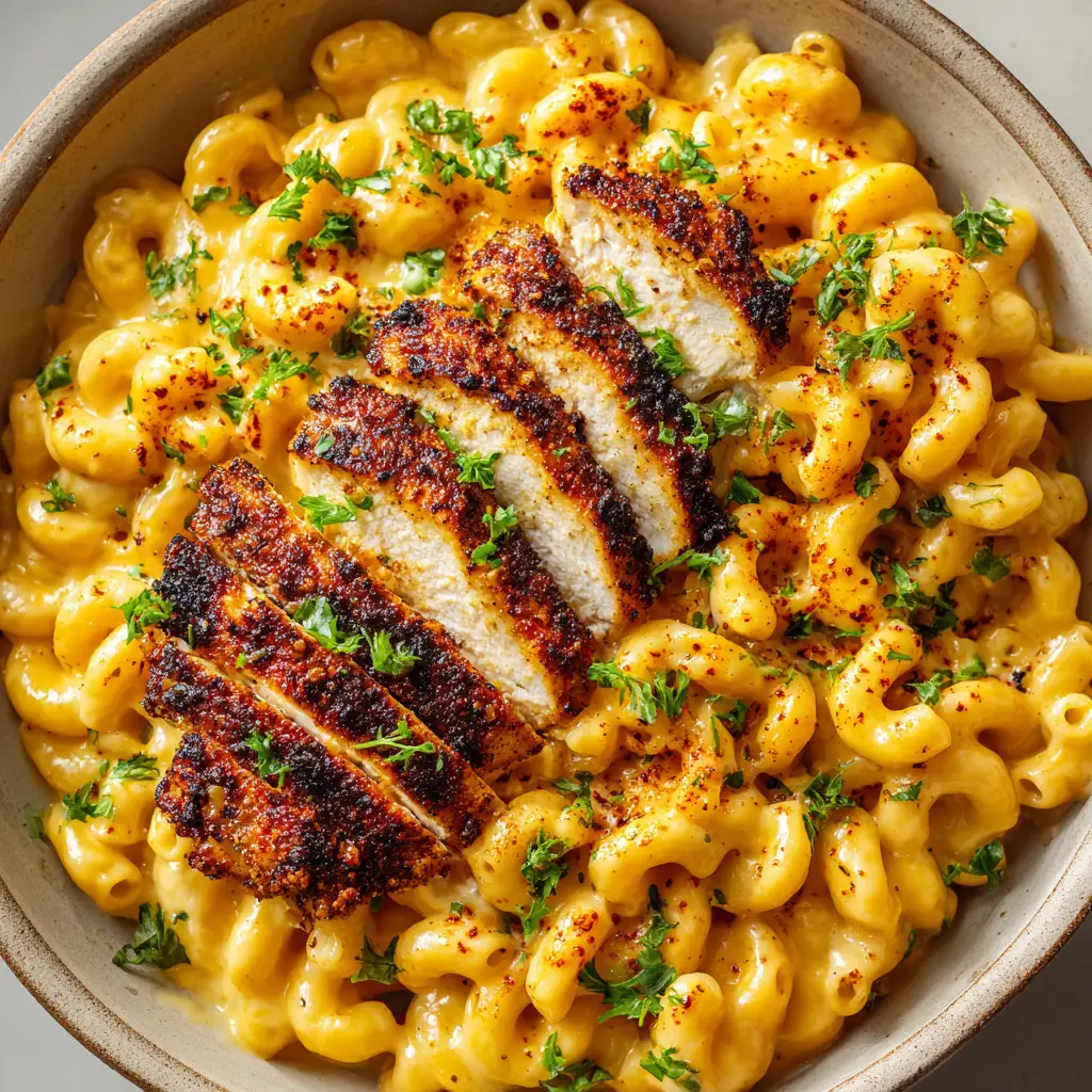 Cajun Hähnchen Mac and Cheese: Das ultimative cremige Soulfood mit Kick 2 Draufsicht auf cremige Macaroni mit dicker oranger Käsesauce und frischer Petersilie.