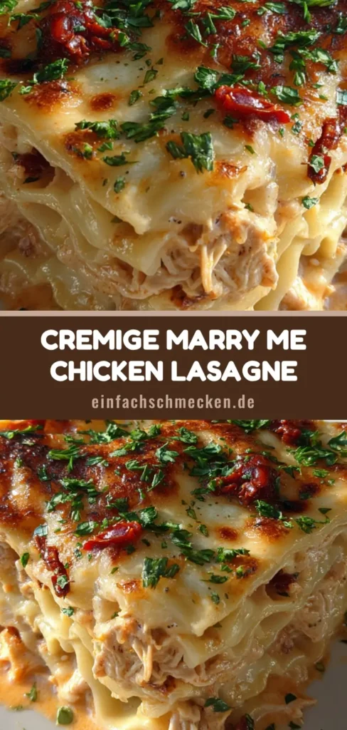 Eine Portion Marry Me Chicken Lasagne mit gewellten Nudeln, gezupftem Hähnchen und cremiger Tomatensauce auf einem Teller.