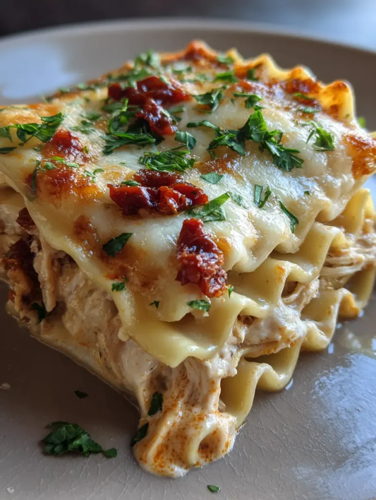 Nahaufnahme eines Stücks Marry Me Chicken Lasagne mit geschmolzenem Mozzarella und frischer Petersilie.