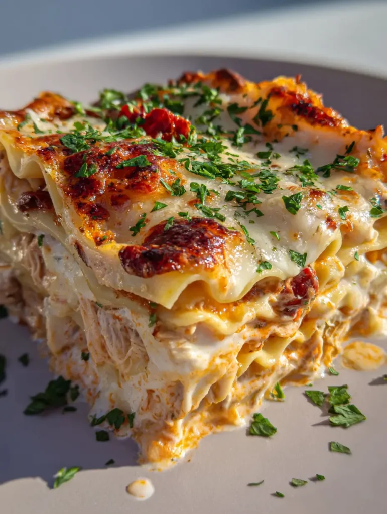 Ansicht der Schichten einer Marry Me Chicken Lasagne mit saftigem Pulled Chicken und gewellten Lasagneplatten.