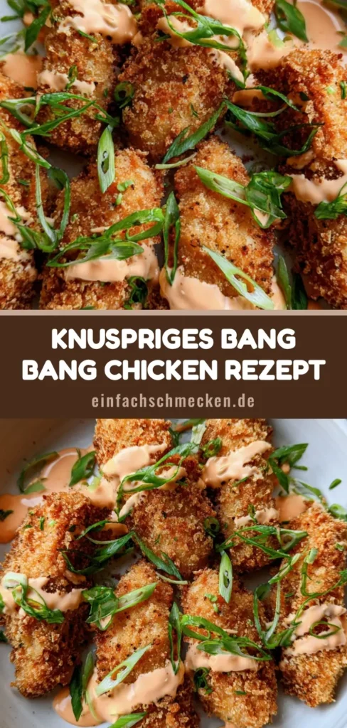 Bang Bang Chicken: Das ultimative Rezept für knuspriges Hähnchen mit Suchtfaktor 4 Knusprige Bang Bang Chicken Tenderloins mit Panko-Kruste und orangefarbener Sauce auf einem weißen Teller.