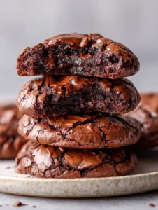 Nahaufnahme von Brownie Cookies mit sichtbaren geschmolzenen Chocolate Chips und rissiger Oberfläche. (Brownie Cookies Rezept)