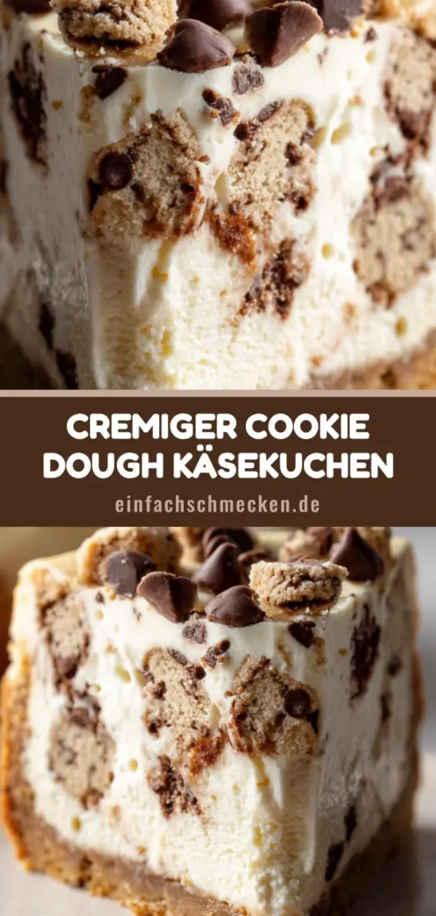 Ein großes Stück Cookie Dough Käsekuchen mit sichtbaren Keksteig-Chunks auf einem rustikalen Teller.