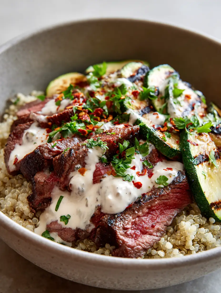 Draufsicht auf eine rustikale Keramikschüssel mit dem Steak Bowl Rezept, garniert mit frischer Petersilie und Chiliflocken.