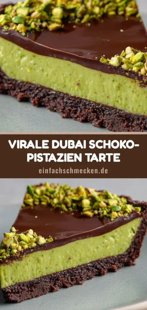 Nahaufnahme einer Dubai Schokolade Tarte mit Pistazienfüllung und dunkler Ganache auf einem grauen Teller.